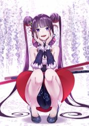 Rule 34 | 1girl, bare shoulders, black dress, black footwear, blunt bangs, clothes between thighs, cno, double bun, dress, fate/grand order, fate (series), full body, fur trim, hair bun, highres, long hair, looking at viewer, open mouth, petals, purple eyes, purple hair, smile, solo, squatting, teeth, tongue, weapon, yang guifei (fate), yang guifei (first ascension) (fate)