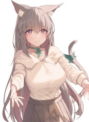 Rule 34 | animal ear fluff, animal ears, blouse, breasts, brown skirt, cat ears, cat tail, green ribbon, highres, large breasts, light brown hair, long hair, neck ribbon, original, outstretched hand, pleated skirt, purple eyes, ribbon, shirt, simple background, skirt, smile, solo, tail, tail ornament, tail ribbon, white background, yaman, yellow shirt