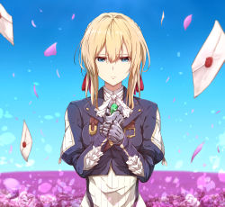 Rule 34 | 10s, 1girl, ascot, blonde hair, blue eyes, blue jacket, blue sky, braid, breasts, brooch, closed mouth, day, dress, field, flower, flower field, frown, hair between eyes, hair ribbon, hand on own chest, hand on own wrist, jacket, jewelry, letter, long sleeves, looking at viewer, mechanical hands, medium breasts, open mouth, petals, red ribbon, ribbon, sakaokasan, short hair, sidelocks, sky, solo, standing, upper body, violet evergarden, violet evergarden (series), white dress
