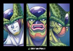 Rule 34 | 1boy, black border, blue background, blue eyes, border, cell (dragon ball), closed mouth, commentary request, dragon ball, dragonball z, dual persona, imperfect cell, male focus, naomi (nplusn), open mouth, perfect cell, pink eyes, semi-perfect cell, smirk, teeth