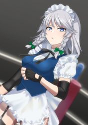 Rule 34 | 1girl, akira (salmo-tora-ke), apron, black gloves, black ribbon, blue eyes, braid, breasts, buttons, collared shirt, commentary request, compression sleeve, fingerless gloves, frills, garter straps, gloves, green ribbon, hair ribbon, izayoi sakuya, looking at viewer, maid, maid apron, maid headdress, medium breasts, medium hair, neck ribbon, open mouth, puffy short sleeves, puffy sleeves, ribbon, shirt, short sleeves, sidelocks, solo, touhou, touhou tag dream, tress ribbon, twin braids, white hair, white shirt, wing collar