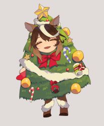 Rule 34 | 1girl, ^ ^, animal ears, brown hair, chibi, christmas tree, christmas tree costume, closed eyes, commentary, facing viewer, grey background, highres, horse ears, horse girl, multicolored hair, open mouth, shi chimi, simple background, solo, streaked hair, symboli rudolf (christmas emperor tree) (umamusume), symboli rudolf (umamusume), umamusume, white hair