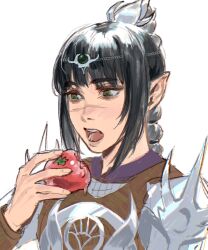 Rule 34 | 1girl, apple, armor, baldur&#039;s gate, black hair, blunt bangs, blush, circlet, dungeons &amp; dragons, food, fruit, green eyes, hair ornament, hand up, highres, holding, holding food, holding fruit, keibleh, long hair, looking at object, open mouth, pauldrons, pointy ears, scar, scar on face, scar on nose, shadowheart (baldur&#039;s gate), shoulder armor, sidelocks, simple background, solo, teeth, tongue, upper body, white background