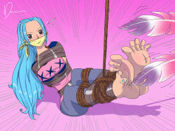 Rule 34 | 1girl, absurdres, arms behind back, barefoot, bdsm, blue hair, blush, bondage, bound, breasts, brown eyes, cloth gag, deaart, feathers, full body, gag, gagged, highres, improvised gag, medium breasts, nail polish, nefertari vivi, one piece, over the mouth gag, pink background, rope, source request, tape, tape bondage, tickling, toenail polish, toenails, variant set
