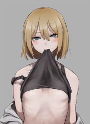 Rule 34 | 1girl, absurdres, bare shoulders, biting, biting clothes, blonde hair, blue eyes, blush, breasts, clothes lift, commentary request, grey background, highres, looking at viewer, original, partial commentary, short hair, simple background, small breasts, smile, solo, tabao, underboob
