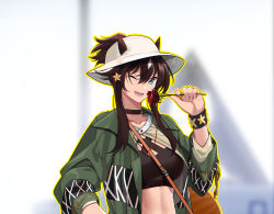 Rule 34 | 1girl, ;d, animal ears, arknights, black hair, black shirt, breasts, collarbone, commentary request, crop top, ears through headwear, fedora, green eyes, green jacket, hair between eyes, hat, highres, jacket, large breasts, long hair, long sleeves, looking at viewer, meteor (arknights), meteor (bard&#039;s holiday) (arknights), midriff, one eye closed, open clothes, open jacket, open mouth, outline, ponytail, shijie jianfa, shirt, sidelocks, smile, solo, stomach, upper body, white hat, wristband, yellow outline