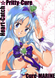 Rule 34 | 10s, 1990s (style), 1girl, blue eyes, blue hair, bow, breasts, brooch, character name, copyright name, cure marine, dark nipples, english text, engrish text, female focus, heart, heart brooch, heartcatch precure!, honoo teruki, jewelry, kurumi erika, large breasts, long hair, magical girl, matching hair/eyes, nipples, precure, ranguage, retro artstyle, solo, topless, topless frame, upper body, very long hair, wrist cuffs