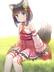 Rule 34 | 1girl, animal ears, bare shoulders, blue eyes, blush, bob cut, brown hair, closed mouth, commentary request, detached sleeves, dress, fox ears, fox tail, grass, hair ornament, hair ribbon, halterneck, head tilt, long sleeves, looking at viewer, medium hair, namaru (summer dandy), obi, original, outdoors, pink dress, pleated dress, print dress, print sleeves, red ribbon, ribbon, ribbon-trimmed dress, ribbon-trimmed sleeves, ribbon trim, sash, short dress, sitting, smile, solo, tail, thighhighs, white background, white thighhighs, wide sleeves