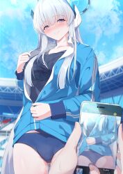 Rule 34 | 1girl, 1other, absurdres, black shirt, blue archive, blue buruma, blue jacket, blush, breasts, buruma, cellphone, closed mouth, collarbone, cowboy shot, enoha, gluteal fold, grey hair, halo, highres, jacket, large breasts, long hair, long sleeves, mechanical halo, noa (blue archive), phone, purple eyes, shirt, smartphone, smile, solo focus, track jacket