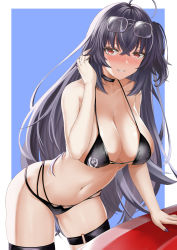 Rule 34 | 1girl, absurdres, ahoge, arikawa rui, arm support, arm up, azur lane, bare arms, bare shoulders, bikini, black bikini, black choker, black hair, black nails, blue background, blush, border, breasts, choker, cleavage, collarbone, cowboy shot, crossed bangs, eyewear on head, fingernails, gluteal fold, grey-framed eyewear, hair between eyes, halterneck, hand up, highres, large breasts, leaning forward, long hair, looking at viewer, multi-strapped bikini bottom, multi-strapped bikini top, nail polish, navel, nose blush, official alternate costume, one side up, outside border, parted lips, red eyes, ruffling hair, skindentation, smile, solo, standing, stomach, strap gap, string bikini, sunglasses, swimsuit, taihou (azur lane), taihou (enraptured companion) (azur lane), thigh strap, very long hair, white border