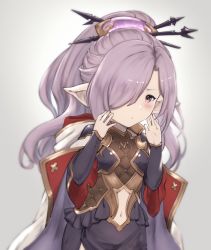 Rule 34 | 1girl, blurry, blurry background, blush, chokuro, cloak, clothing cutout, commentary request, dress, granblue fantasy, hair ornament, hair over one eye, harvin, hood, hooded cloak, looking at viewer, navel, navel cutout, niyon (granblue fantasy), pointy ears, ponytail, purple eyes, purple hair