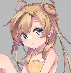 Rule 34 | 1girl, abukuma (kancolle), blonde hair, blue eyes, camisole, collarbone, commentary request, double bun, flat chest, grey background, hair between eyes, hair bun, hair rings, kantai collection, long hair, looking at viewer, simple background, sitting, solo, upper body, uut, yellow camisole