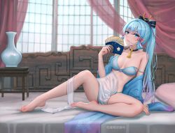 Rule 34 | 1girl, absurdres, ayaka (genshin impact), bare legs, bare shoulders, barefoot, black choker, blue bra, blue eyes, blue hair, blue jacket, blue panties, blush, bra, breasts, choker, collarbone, commentary request, curtains, feet, full body, genshin impact, gradient hair, hair between eyes, hair in own mouth, hair ribbon, hand fan, high ponytail, highres, holding, holding fan, indoors, jacket, legs, long hair, looking at viewer, medium breasts, mole, mole under eye, multicolored hair, navel, off shoulder, on bed, panties, parted lips, pillow, pink ribbon, ponytail, pot, purple hair, ribbon, see-through, sitting, solo, stomach, strap slip, underwear, very long hair, yuyuyu (pixiv19949705)