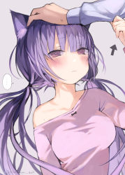 Rule 34 | ..., 1boy, 1girl, absurdres, animal ears, blush, breasts, closed eyes, clothes grab, commentary request, dog ears, head pat, headpat, highres, long hair, long sleeves, low twintails, medium breasts, mole, mole under eye, off shoulder, original, out of frame, purple eyes, purple hair, purple shirt, shirt, sleeve grab, solo focus, spoken ellipsis, sweatdrop, tsundere, twintails, yukari (rihenara doll)