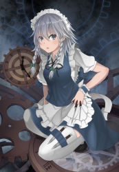 Rule 34 | 1girl, apron, between fingers, blue eyes, braid, clock, female focus, frilled apron, frills, gears, hair ribbon, highres, holding, holster, izayoi sakuya, knife, maid, maid apron, maid headdress, on one knee, open mouth, ribbon, shoes, short hair, short sleeves, silver hair, skirt, solo, thigh holster, thighhighs, throwing knife, touhou, twin braids, waist apron, weapon, white thighhighs, willgoon, wrist cuffs