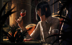 Rule 34 | 1girl, alcohol, black hair, blurry, blurry background, blurry foreground, chair, collared shirt, cup, depth of field, drinking glass, food, from side, guweiz, hands up, highres, holding, holding cup, long sleeves, looking away, on chair, original, plate, profile, shirt, sitting, solo, table, thick eyebrows, upper body, white shirt, wine, wine glass