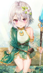Rule 34 | 1girl, :d, absurdres, antenna hair, arm support, bag, bare shoulders, blurry, blurry foreground, blush, bridal gauntlets, depth of field, detached sleeves, dress, fingernails, flower, green dress, green sleeves, hair between eyes, hair flower, hair ornament, highres, holding, holding polearm, holding spear, holding weapon, knees together feet apart, kokkoro (princess connect!), long sleeves, looking at viewer, open mouth, pointy ears, polearm, princess connect!, puffy long sleeves, puffy sleeves, purple eyes, sandals, satchel, see-through, see-through sleeves, silver hair, sitting, sleeveless, sleeveless dress, smile, solo, spear, tokkyu, weapon, white flower, white legwear