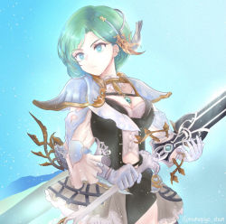 Rule 34 | 1girl, armor, artist request, breasts, cape, choker, clothing cutout, final fantasy, final fantasy brave exvius, frilled choker, frilled sleeves, frills, gauntlets, gradient background, greatsword, green eyes, green hair, hair ornament, highres, huge weapon, juame (war of the visions: final fantasy brave exvius), looking at viewer, medium breasts, navel, navel cutout, serious, short hair, sword, thigh strap, war of the visions: final fantasy brave exvius, weapon