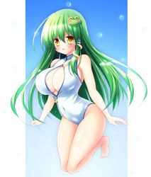 Rule 34 | 1girl, blush, breasts, cleavage, covered navel, female focus, frog hair ornament, front zipper swimsuit, green hair, hair ornament, kochiya sanae, large breasts, long hair, meme attire, one-piece swimsuit, open mouth, osashin (osada), pyonta, snake hair ornament, solo, swimsuit, touhou, unzipped, very long hair, white one-piece swimsuit, yellow eyes, zipper