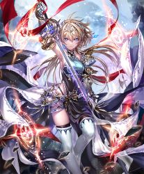 Rule 34 | 10s, 1girl, armor, artist request, blonde hair, blue eyes, boots, breasts, crown, cygames, floating rock, gauntlets, gem, gloves, glowing, glowing sword, glowing weapon, holding, holding sword, holding weapon, irua, long hair, magic circle, medium breasts, official art, roland (shadowverse), roland the incorruptible, scarf, serious, shadowverse, sheath, shingeki no bahamut, sideboob, sword, thigh boots, thighhighs, unsheathing, weapon, white footwear, white thighhighs