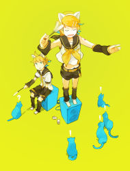 Rule 34 | !, 1boy, 1girl, ?, amplifier, animal, animal ears, belt, blonde hair, blue eyes, brother and sister, cat, cat ears, cat teaser, closed eyes, detached sleeves, glider (artist), green background, hair ornament, hairclip, kagamine len, kagamine rin, leg warmers, neck ribbon, necktie, ponytail, ribbon, sailor collar, short hair, shorts, siblings, simple background, sitting, standing on object, sweatdrop, tattoo, twins, vocaloid, yellow background