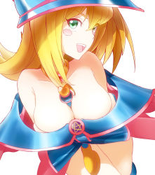 Rule 34 | 1girl, bare shoulders, blonde hair, blush, blush stickers, breasts, choker, cleavage, dark magician girl, duel monster, green eyes, hat, large breasts, long hair, looking at viewer, open mouth, pentacle, simple background, smile, solo, staff, wand, white background, wizard hat, yoosai, yu-gi-oh!