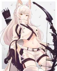 Rule 34 | 1girl, absurdres, alternate breast size, animal ear fluff, animal ears, arknights, arrow (projectile), black gloves, border, bow (weapon), breasts, commentary, commission, cowboy shot, crop top, crop top overhang, cropped jacket, gloves, grey background, highres, holding, holding bow (weapon), holding weapon, jacket, large breasts, long hair, looking at viewer, midriff, navel, outside border, platinum (arknights), quiver, short shorts, shorts, solo, standing, stomach, truejekart, very long hair, weapon, white border, white hair, white jacket, white shorts, yellow eyes