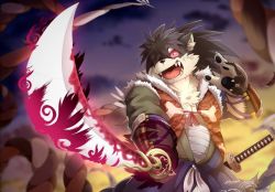 Rule 34 | 1boy, animal ears, animal nose, armor, blurry, blurry background, body fur, colored sclera, dog boy, dog ears, fangs, fangs out, fighting stance, furry, furry male, japanese armor, japanese clothes, kote, male focus, multiple swords, open mouth, plant, ponzu tas, red sclera, sarashi, scar, scar on face, shino (housamo), snout, solo, sunset, sword, symbol-only commentary, tokyo houkago summoners, upper body, vines, weapon
