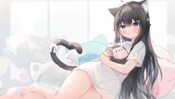 Rule 34 | 1girl, :3, absurdres, ahoge, animal ear fluff, animal ears, barefoot, black hair, blue eyes, blush, bow, breasts, cat ears, cat girl, cat tail, closed mouth, clothes writing, commentary request, commission, fang, fang out, hair between eyes, hair bow, highres, long hair, looking at viewer, medium breasts, original, panties, pillow, rucaco, shirt, short sleeves, skeb commission, solo, stuffed animal, stuffed hedgehog, stuffed toy, tail, tail bow, tail ornament, translation request, underwear, very long hair, white bow, white panties, white shirt
