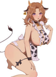 Rule 34 | 1girl, absurdres, animal ears, animal print, apron, areola slip, bell, belt collar, black bow, black coat, black panties, bow, breasts, brown hair, coat, collar, commentary request, covered erect nipples, cow ears, cow girl, cow horns, cow print, cow tail, cowbell, eyelashes, facial mark, frilled apron, frills, from side, hand on own leg, hand up, heart, heart facial mark, highres, holding, holding ladle, horns, huge breasts, jintianhuahualema, ladle, looking at viewer, looking to the side, medium hair, mole, mole on breast, nail polish, nearly naked apron, neck bell, open mouth, original, panties, print apron, purple eyes, sideboob, simple background, solo, spill, string panties, tail, thigh strap, thighhighs, underwear, white background