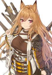 Rule 34 | 1girl, animal ears, arknights, brown hair, ceobe (arknights), closed mouth, cundang, dog ears, dog girl, hair between eyes, jacket, long hair, long sleeves, looking at viewer, purple eyes, simple background, smile, solo, weapon, weapon on back, white background