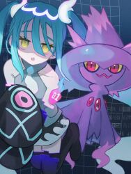 Rule 34 | 1girl, aqua hair, bare shoulders, black thighhighs, creatures (company), detached sleeves, game freak, gen 4 pokemon, ghost, ghost miku (project voltage), glitch, grey shirt, hair between eyes, hatsune miku, highres, long hair, looking at viewer, mismagius, necktie, nintendo, open mouth, pale skin, pokemon, pokemon (creature), project voltage, red eyes, see-through, see-through skirt, shirt, skirt, sleeves past fingers, sleeves past wrists, thighhighs, twintails, umenoki 01, very long hair, vocaloid, will-o&#039;-the-wisp (mythology), yellow eyes