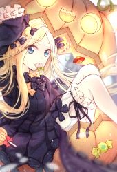 Rule 34 | 1girl, abigail williams (fate), arm up, black bow, black dress, blonde hair, bloomers, blue eyes, blurry, blurry background, blurry foreground, bow, bug, butterfly, candy, candy cane, chingo (pixiv8584617), commentary, depth of field, dress, english commentary, fate/grand order, fate (series), food, food in mouth, green bow, hair bow, highres, insect, jack-o&#039;-lantern, lollipop, long hair, long sleeves, mouth hold, orange bow, parted bangs, polka dot, polka dot bow, sleeves past fingers, sleeves past wrists, solo, tentacles, underwear, very long hair, white bloomers