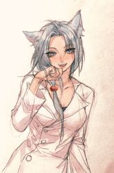Rule 34 | 1girl, ahoge, animal ear fluff, animal ears, between breasts, black shirt, blue hair, blue nails, breasts, cat ears, cat girl, chinese commentary, cleavage, commentary request, enomoto noa, grey eyes, hair bobbles, hair ornament, hand up, highres, kemonomimi mode, lab coat, large breasts, light blue hair, long sleeves, low ponytail, mixed media, parted bangs, saibou shinkyoku, shirt, side ponytail, solo, strap between breasts, upper body, yehua36950