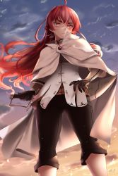 Rule 34 | 1girl, ahoge, black gloves, black pants, blue sky, blush, cape, eris greyrat, from below, gloves, gluteal fold, hair between eyes, hand on own hip, highres, long hair, looking to the side, mushoku tensei, pants, red eyes, red hair, shirt, sky, solo, sunset, sword, sword behind back, weapon, white cape, white shirt, zasshu