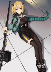 Rule 34 | 1girl, arknights, asymmetrical legwear, black footwear, black legwear, blonde hair, from above, full body, green jacket, highres, holding, holding polearm, holding spear, holding weapon, horns, jacket, long sleeves, looking at viewer, open clothes, open jacket, poco (backboa), pointy ears, polearm, red eyes, shoes, short hair, smile, solo, spear, tail, uneven legwear, vanilla (arknights), weapon