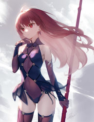 Rule 34 | 1girl, adapted costume, aged down, bare shoulders, breasts, closed mouth, covered navel, cowboy shot, elbow gloves, fate/grand order, fate (series), gae bolg (fate), gloves, highres, holding, holding polearm, holding spear, holding weapon, leotard, long hair, looking afar, looking away, polearm, purple gloves, purple leotard, purple thighhighs, red eyes, red hair, scathach (fate), signature, siino, small breasts, solo, spear, straight hair, thighhighs, two-tone background, very long hair, weapon