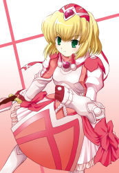 Rule 34 | 1girl, alexia lynn elesius, armor, armored dress, blonde hair, boots, bow, dress, dress bow, elbow gloves, gloves, green eyes, hairband, jewelry, knight, mutsuki masato, mutsuno hekisa, pink background, pink dress, ribbon, ring, short hair, simple background, smile, solo, sword, weapon, wild arms, wild arms xf