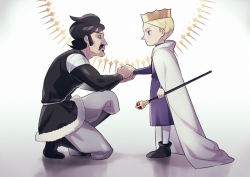 Rule 34 | 2boys, armor, bebinn, black eyes, blonde hair, blue eyes, blush, cape, child, crown, daida, eye contact, facial hair, from side, hair strand, holding, holding hands, holding staff, looking at another, male focus, multiple boys, mustache, nikomi (nikomix), on one knee, ousama ranking, pauldrons, prince, short hair, shoulder armor, staff, thick eyebrows