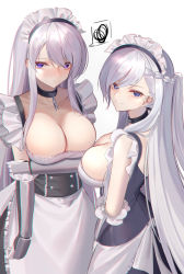 Rule 34 | 2girls, alternate costume, apron, azur lane, belfast (azur lane), blush, braid, breasts, broken, broken chain, chain, choker, chromatic aberration, cleavage, commentary request, embarrassed, enterprise (azur lane), eternity (pixiv8012826), frown, gauntlets, highres, large breasts, long hair, look-alike, maid, maid apron, maid headdress, multiple girls, purple eyes, simple background, smile, squiggle, tagme, very long hair, white background, white hair