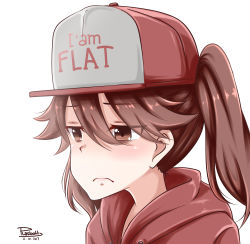 Rule 34 | 1girl, absurdres, artist name, bad id, bad pixiv id, brown eyes, brown hair, clothes writing, dated, english text, engrish text, eyes visible through hair, frown, hat, highres, kantai collection, plasbott, portrait, ranguage, ryuujou (kancolle), signature, solo, sweater, twintails, upper body