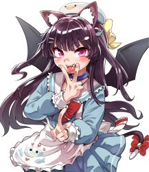 Rule 34 | 1girl, animal ear fluff, animal ears, apron, blue collar, blue dress, blunt bangs, blush, bow, bowtie, clothing request, collar, commentary request, copyright request, double v, dress, fangs, fish hair ornament, fukumaaya, hair ornament, hairclip, hat, heart, heart-shaped pupils, highres, long hair, long sleeves, looking at viewer, open mouth, pink eyes, purple hair, red bow, red bowtie, simple background, solo, symbol-shaped pupils, tail, tail bow, tail ornament, teeth, tongue, tongue out, upper body, v, virtual youtuber, waist apron, white background, white hat, wings