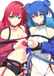 Rule 34 | 2girls, blue eyes, blue hair, breasts, cleavage, double bun, duel monster, evil twin lil-la, green eyes, hair bun, heart, heart hands, heart hands duo, highres, jacket, large breasts, leotard, lil-la (yu-gi-oh!), long sleeves, midriff, multiple girls, natsumikan, official alternate costume, pink hair, short hair, short shorts, shorts, smile, stomach, yu-gi-oh!