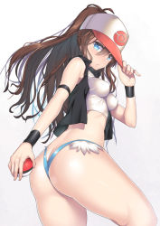 Rule 34 | 1girl, adapted costume, ass, back, bare shoulders, baseball cap, black vest, blue eyes, blue shorts, breasts, brown hair, butt crack, creatures (company), crop top, denim, denim shorts, female focus, from behind, from below, game freak, hair between eyes, hand on headwear, hat, highleg, highleg panties, hilda (pokemon), holding, holding poke ball, huge ass, impossible clothes, impossible shirt, long hair, looking at viewer, looking down, midriff, nagase haruhito, nintendo, panties, parted lips, pinky out, poke ball, poke ball (basic), pokemon, pokemon bw, ponytail, shiny skin, shirt, short shorts, shorts, simple background, skin tight, sleeveless, small breasts, solo, surprised, tank top, thick thighs, thighs, thong, underwear, vest, white background, white hat, wristband
