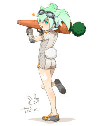 Rule 34 | 1boy, ass, bad id, bad pixiv id, rabbit, rabbit tail, carrot, fei rune, from behind, full body, gloves, goggles, goggles on head, green eyes, green hair, gun, inazuma eleven (series), inazuma eleven go, inazuma eleven go chrono stone, looking back, male focus, matching hair/eyes, mizuhara aki, no pupils, open mouth, solo, standing, star (symbol), tail, weapon