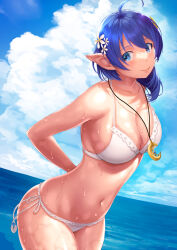 Rule 34 | 1girl, bikini, blue eyes, blue hair, breasts, cleavage, closed mouth, cloud, crescent, crescent hair ornament, flower, hair flower, hair ornament, highres, jewelry, looking at viewer, medium breasts, navel, necklace, pointy ears, rena lanford, short hair with long locks, side-tie bikini bottom, smile, solo, star ocean, star ocean the second story, swimsuit, water, wet, yuuki1103