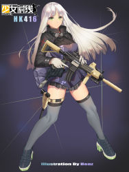 Rule 34 | 1girl, absurdres, artist name, assault rifle, bag, black footwear, blue background, blue thighhighs, breasts, character name, closed mouth, girls&#039; frontline, gloves, green eyes, gun, h&amp;k hk416, hand on weapon, handgun, henz, highres, hk416 (girls&#039; frontline), holding, holding weapon, holster, jacket, long hair, looking at viewer, medium breasts, pistol, rifle, shoes, silver hair, skirt, smile, sneakers, solo, thigh holster, thighhighs, thighs, weapon, white gloves