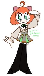 Rule 34 | 1girl, bow, crossover, english text, fusion, hair bow, jenny wakeman, my life as a teenage robot, nickelodeon, orange hair, penny polendina, robot, rwby, simple background, solo, standing, white background