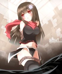 Rule 34 | 1girl, arms behind back, bare shoulders, black shirt, black thighhighs, blush, breasts, brick wall, brown hair, chain, commentary request, flower, groin, hair between eyes, hair flower, hair ornament, highres, indoors, long hair, looking away, looking to the side, medium breasts, navel, ninja, non (wednesday-classic), original, parted lips, pelvic curtain, red eyes, red scarf, restrained, scarf, shirt, sleeveless, sleeveless shirt, solo, sweat, thighhighs, v-shaped eyebrows, very long hair, wading, water, white flower