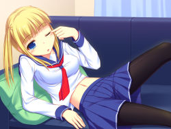 Rule 34 | 1girl, black pantyhose, blonde hair, blue eyes, blue skirt, breasts, couch, finger to eye, highres, indoors, kageira, long hair, lying, midriff, navel, on back, one eye closed, original, pantyhose, pillow, pleated skirt, shirt, skirt, solo, tears, twintails, white shirt